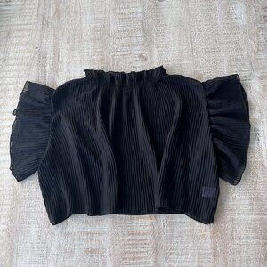 Black Sheer Cropped Blouse/Top/Shirt Ruched Neck Size Large